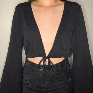 Black ribbed tie crop top